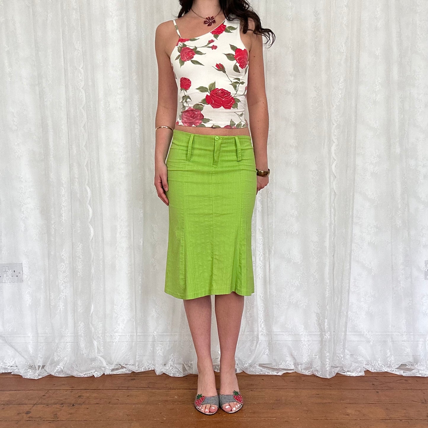 vintage 00s white and red rose cami