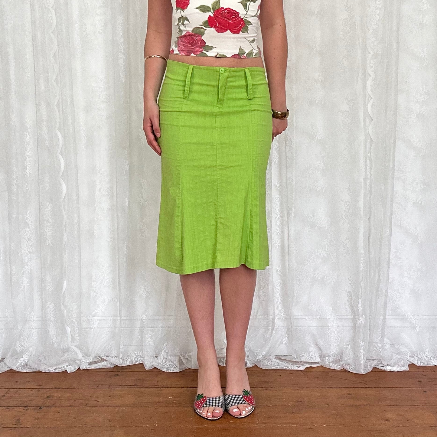 vintage 00s green fitted midi skirt