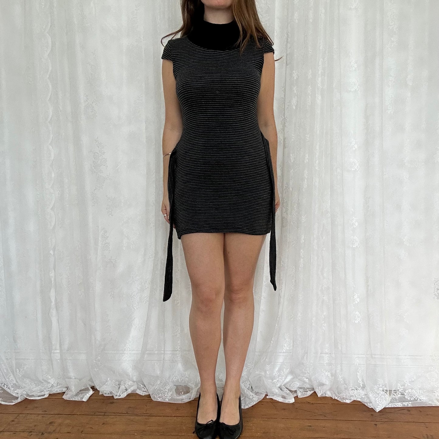 vintage 00s black and grey striped knitted mini dress