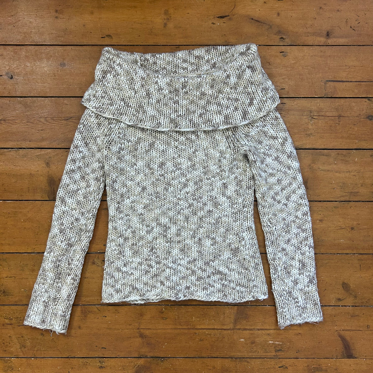 vintage 00s cream and brown off shoulder knitted jumper