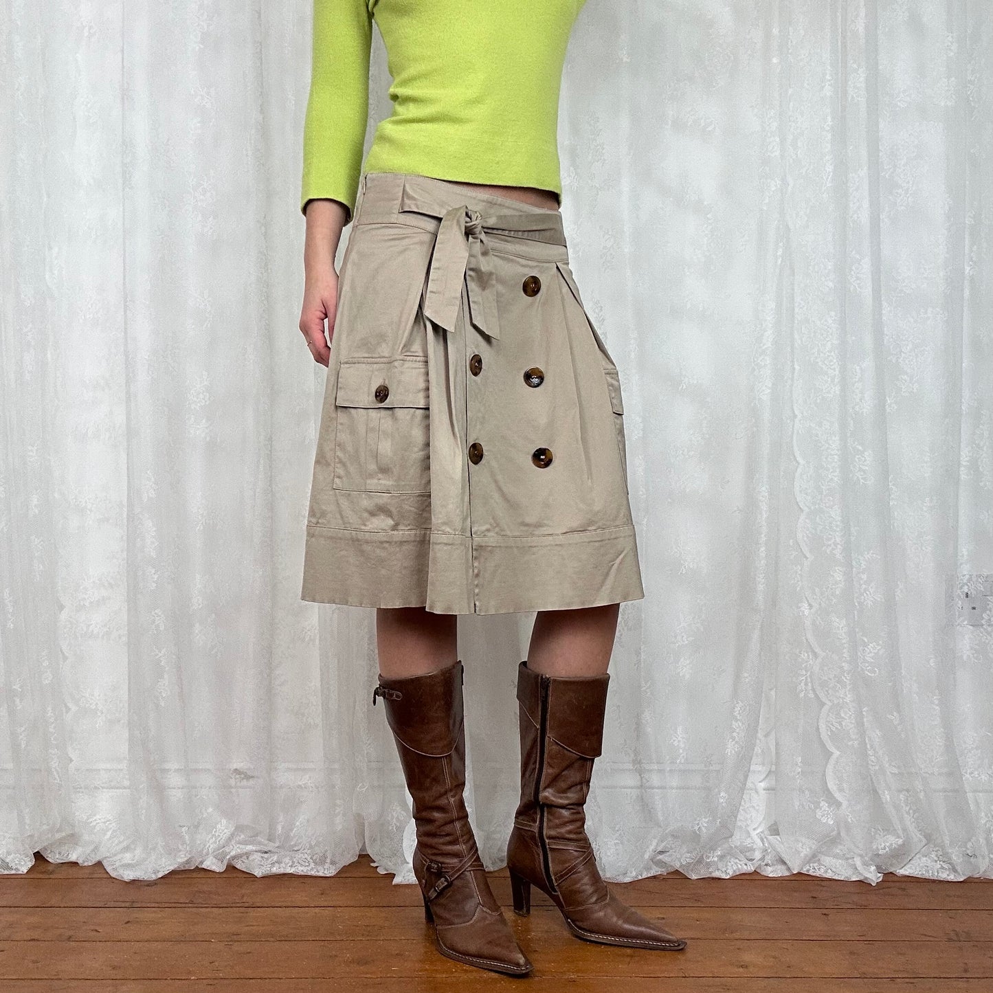 vintage 00s beige trench style midi skirt