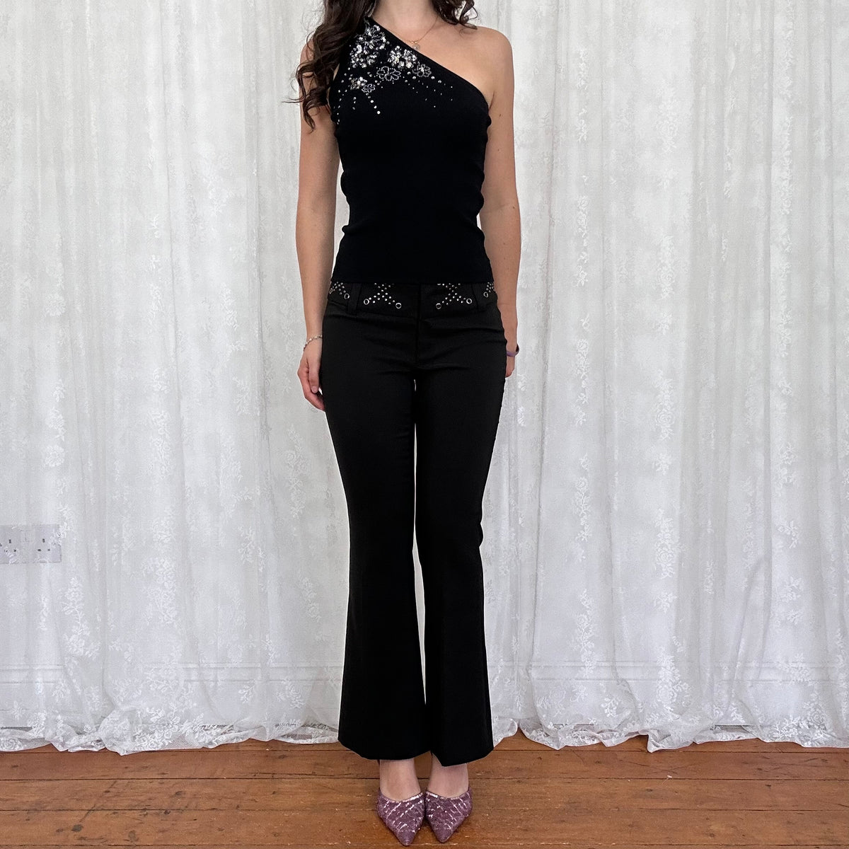 vintage 00s black beaded sequin detail one shoulder top