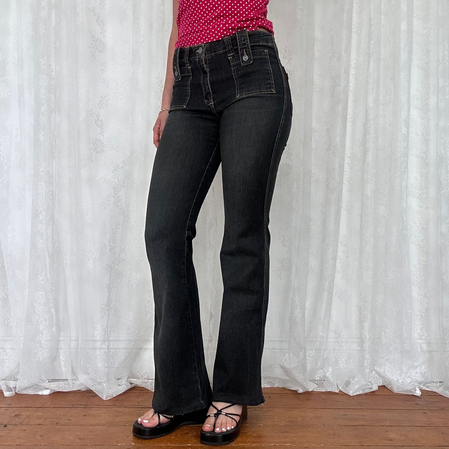 vintage 00s washed black low rise flared jeans