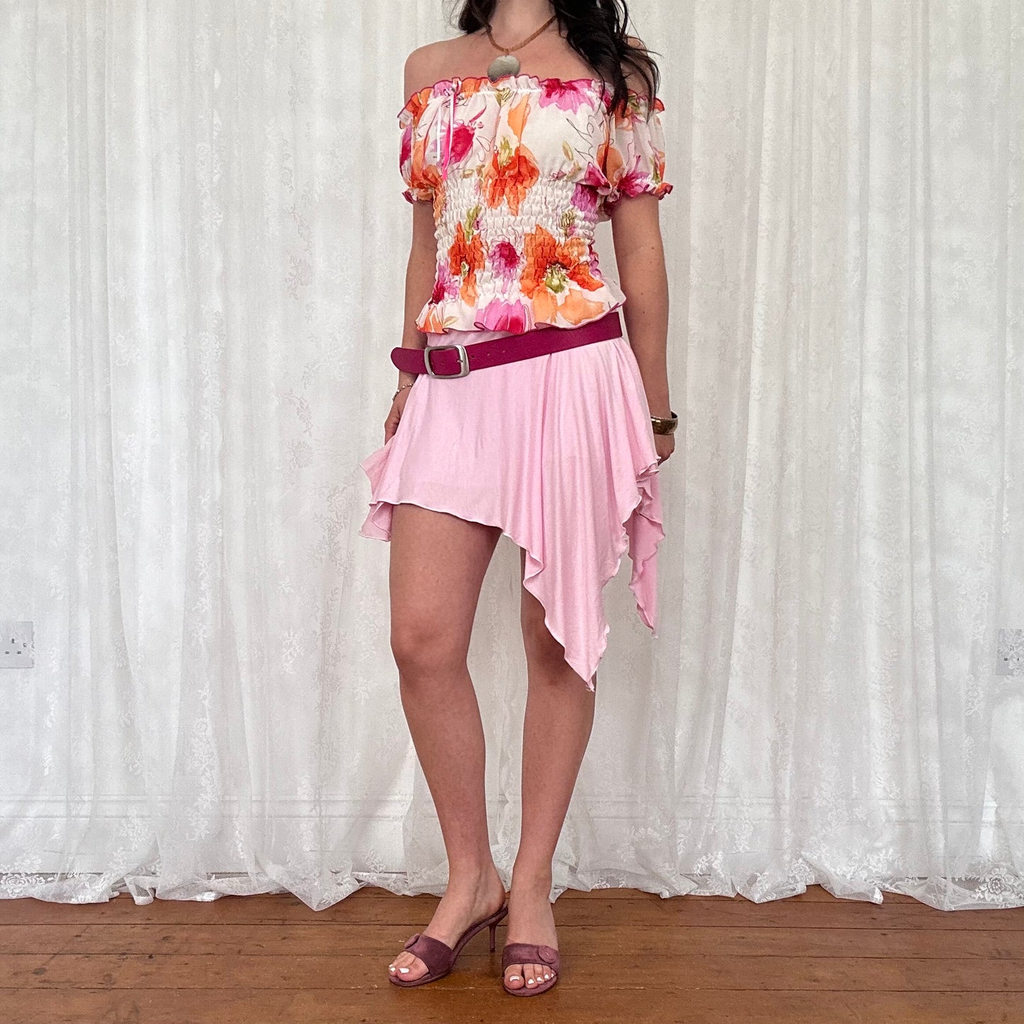 vintage 00s floral shirred milkmaid top