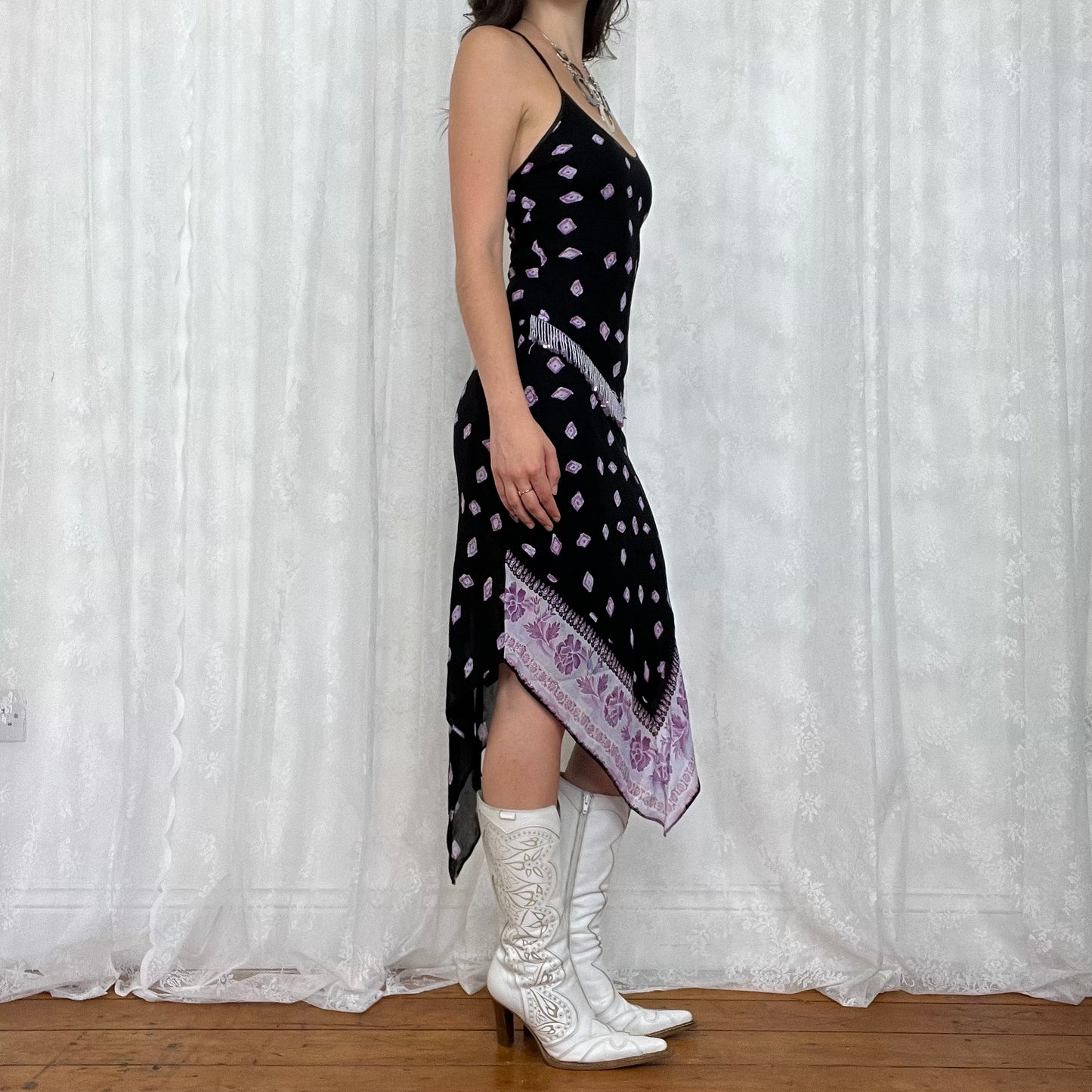vintage 00s black and purple beaded top and handkerchief skirt co ord