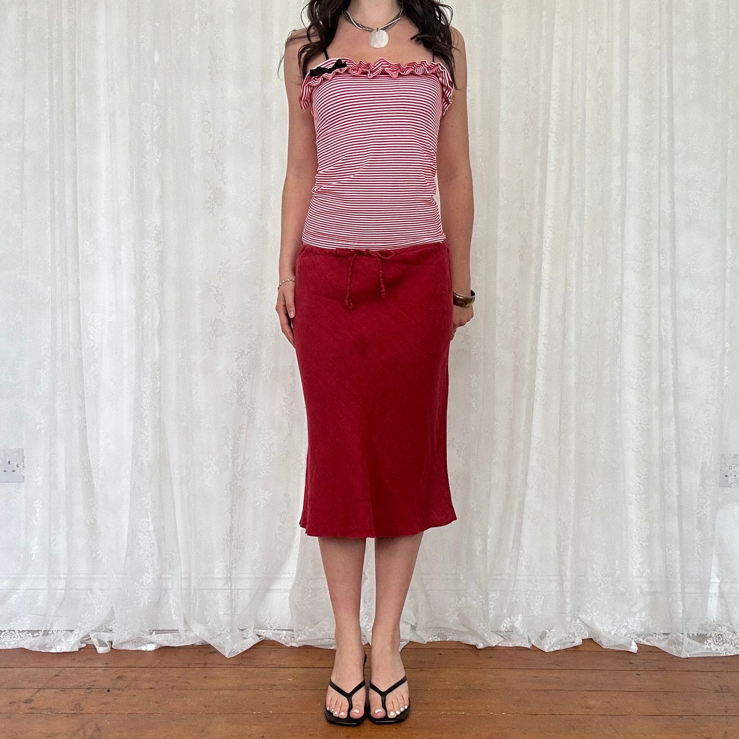 vintage 00s red striped ruffle cami