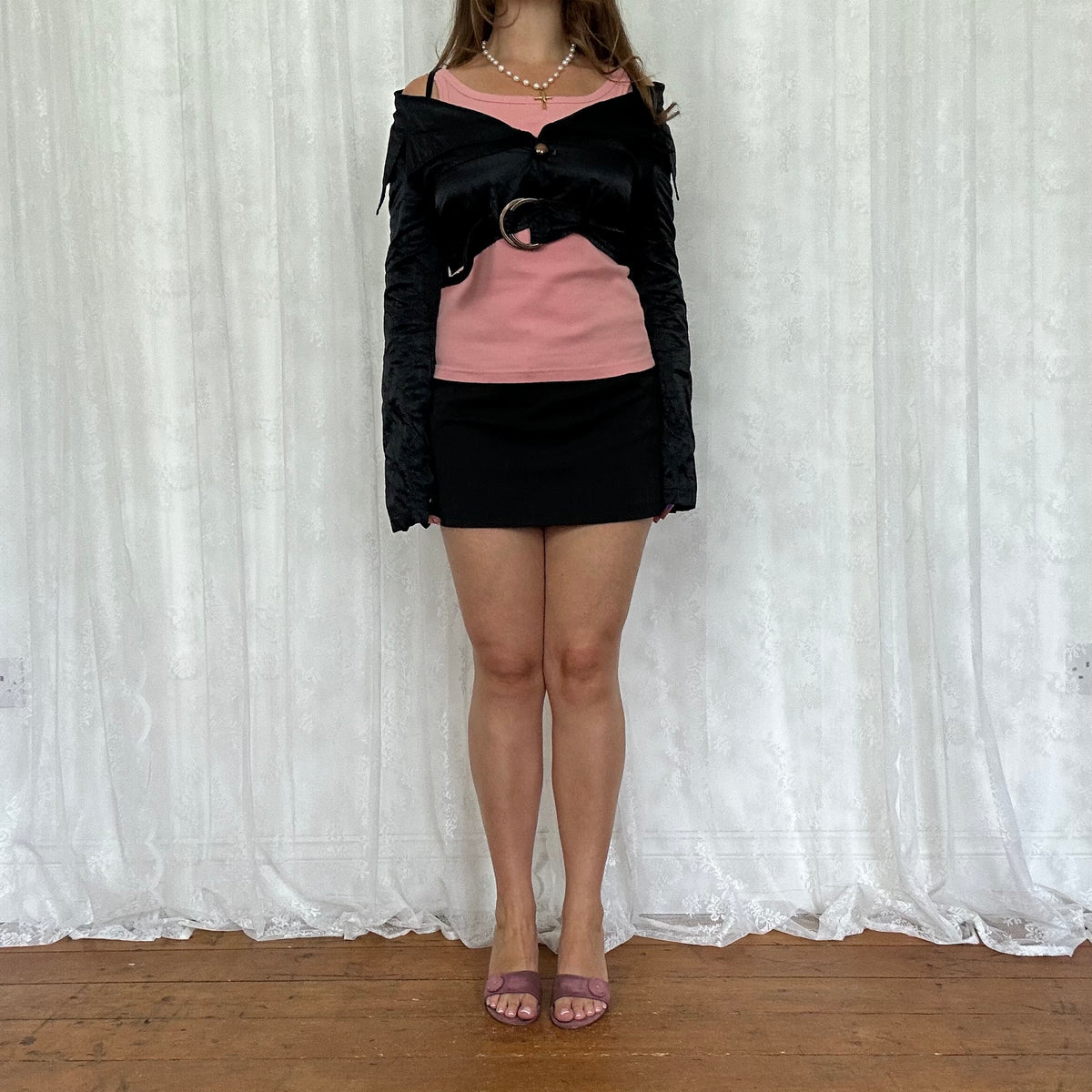 vintage 00s black cropped off shoulder jacket