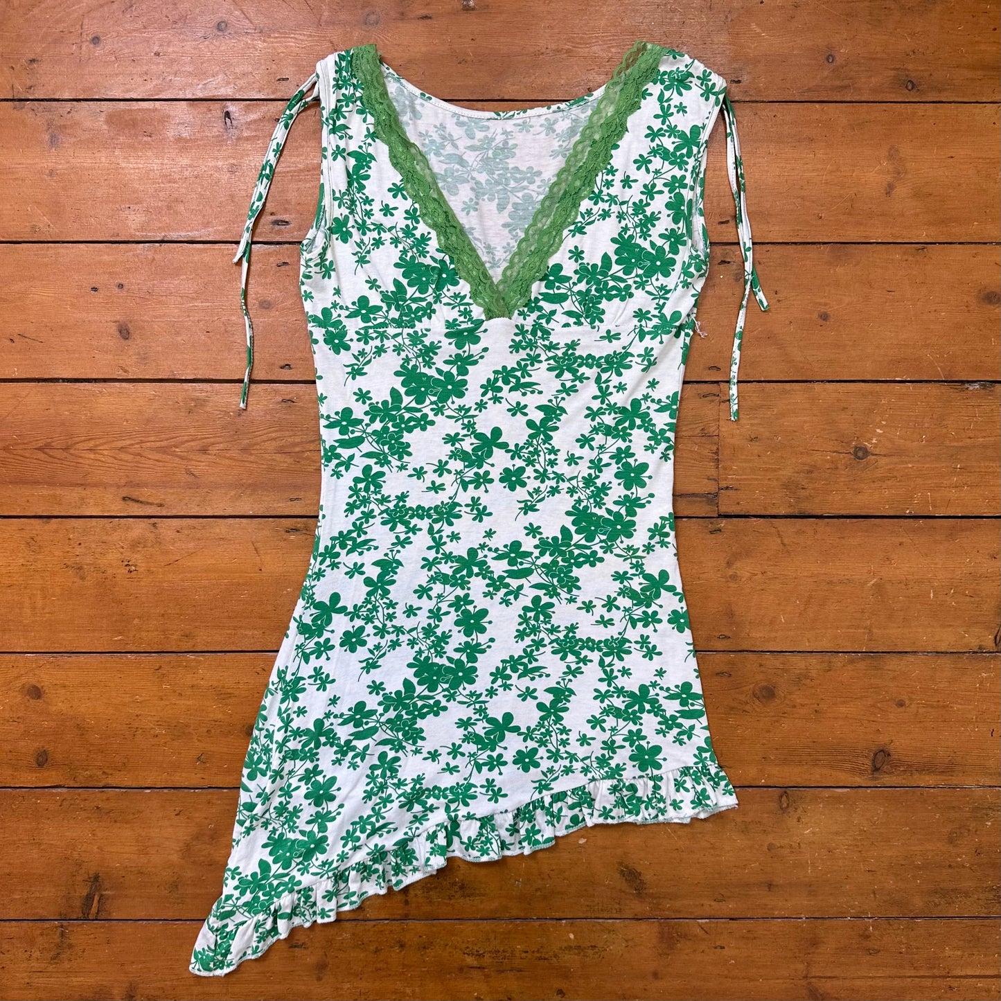 vintage 00s green floral asymmetrical mini dress