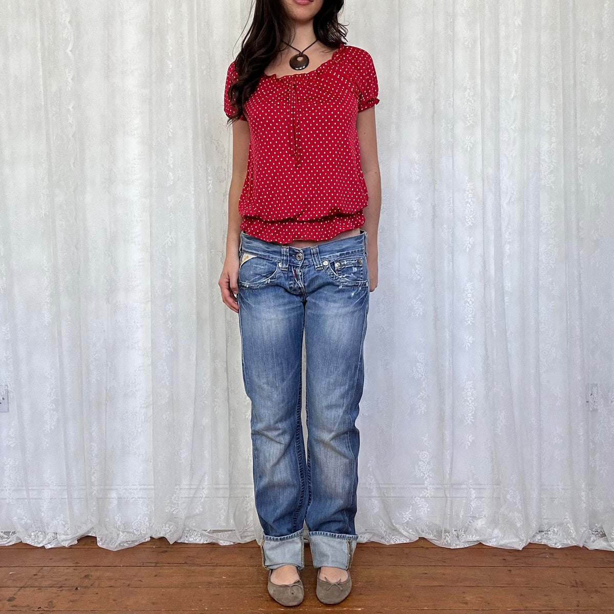 vintage 00s red polka dot milkmaid top