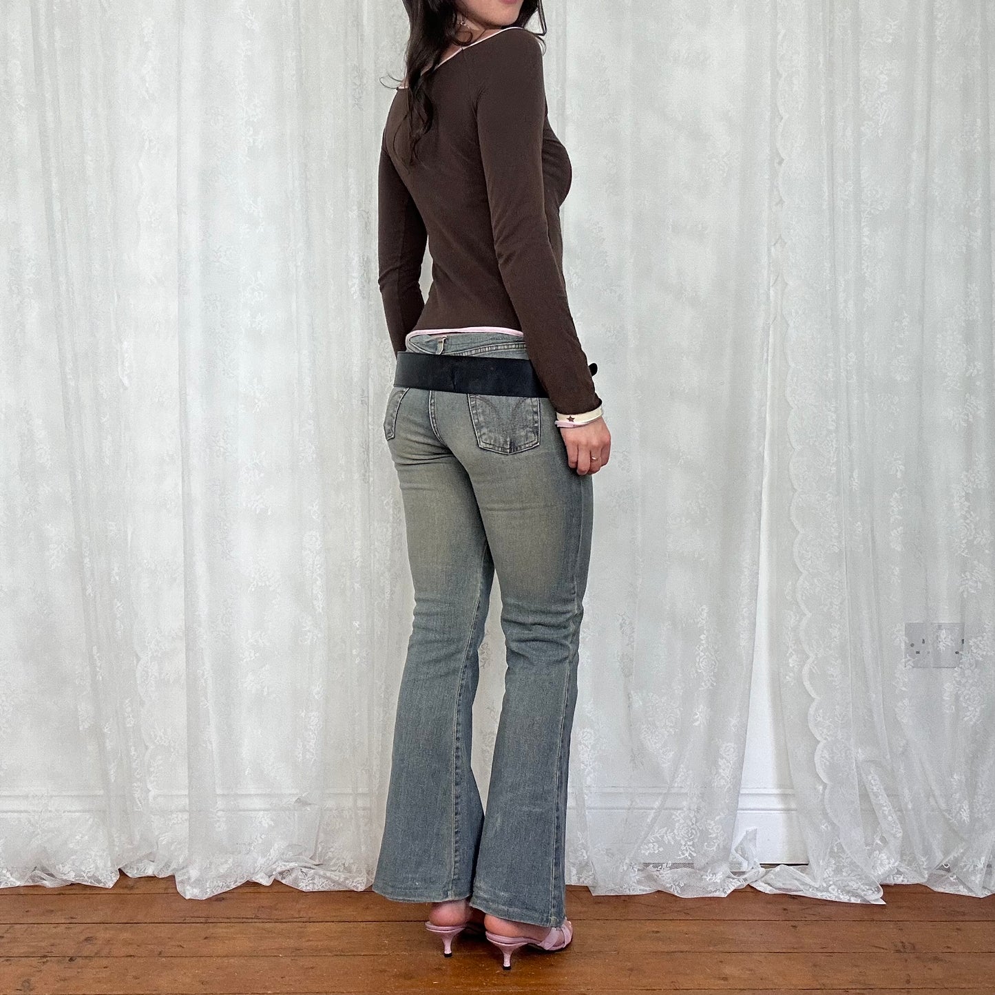 vintage 00s brown and pink off shoulder long sleeve top