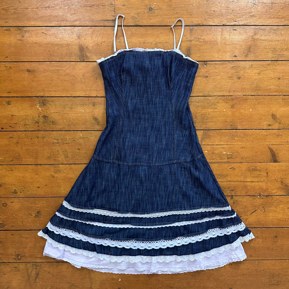 vintage 00s denim midi dress with broderie trim