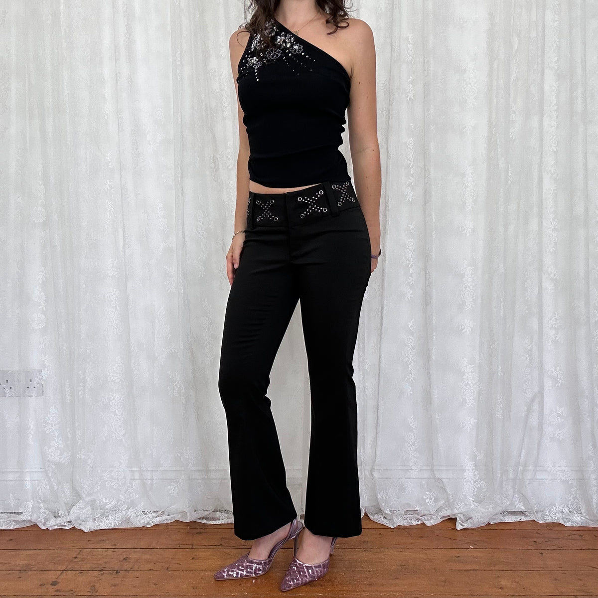 vintage 00s black beaded sequin detail one shoulder top