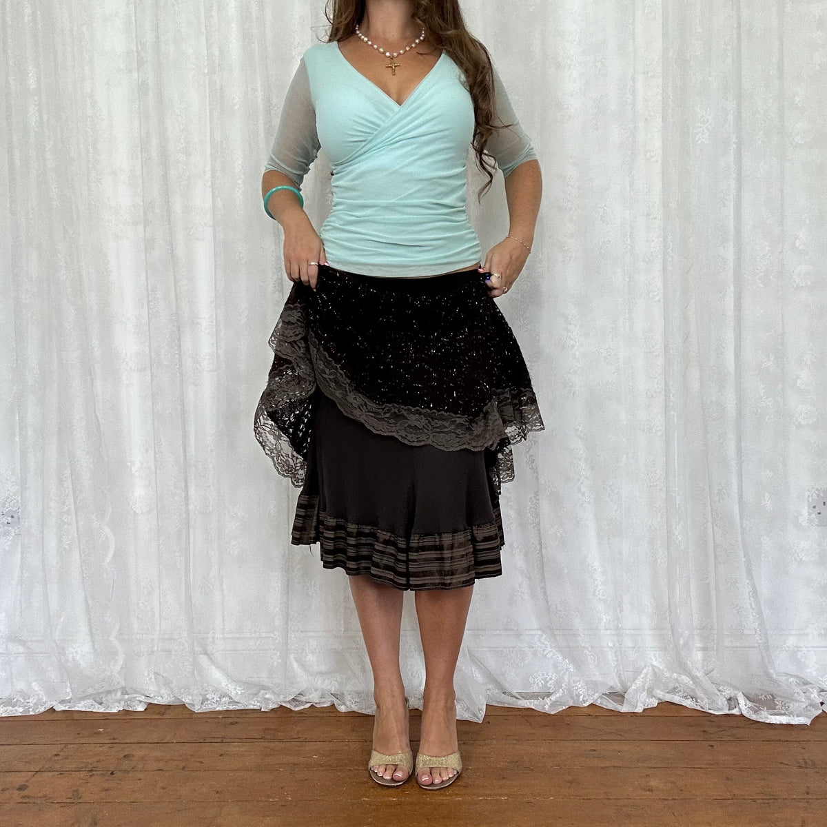 vintage 00s brown knitted lace fairy midi skirt