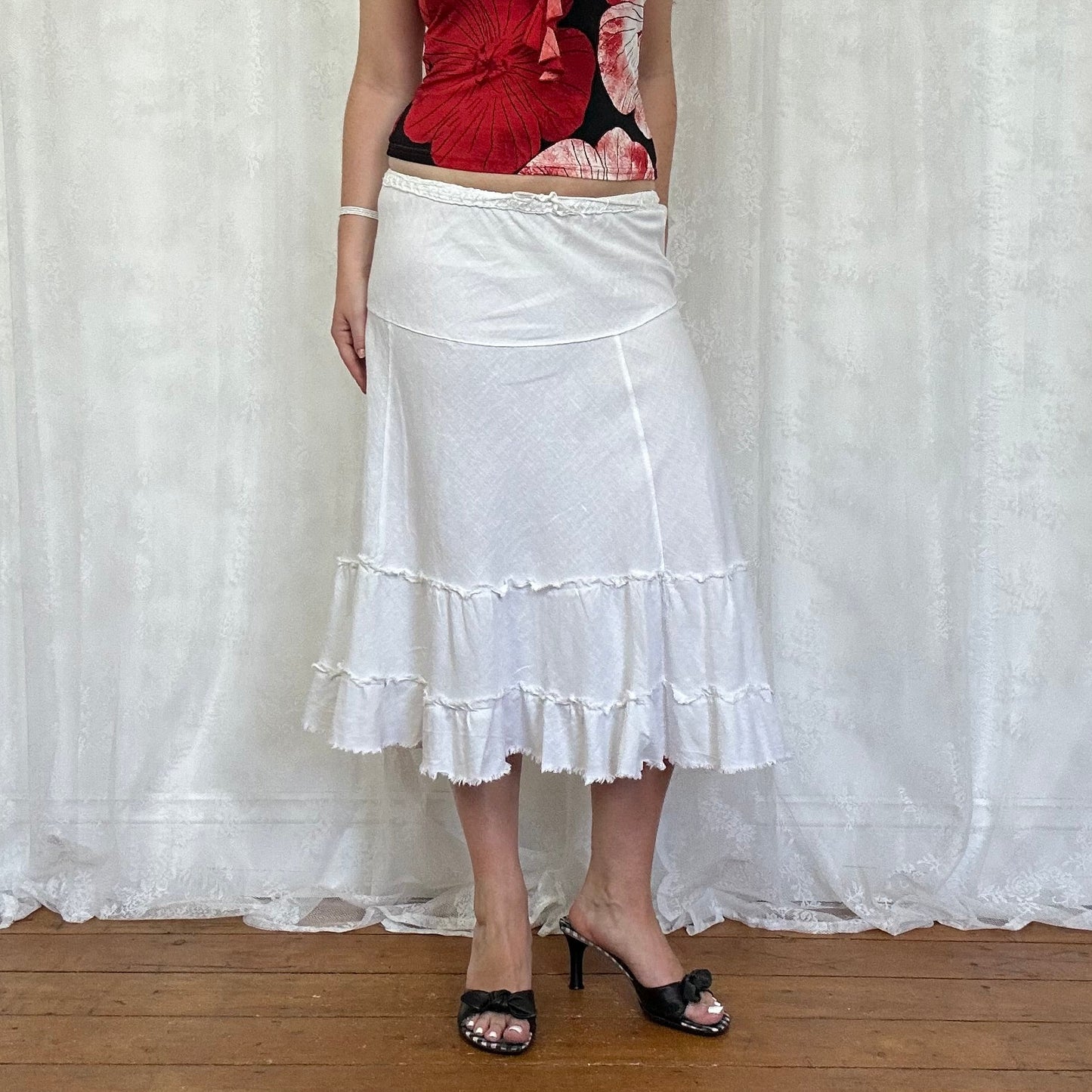 vintage 00s white tiered midi skirt