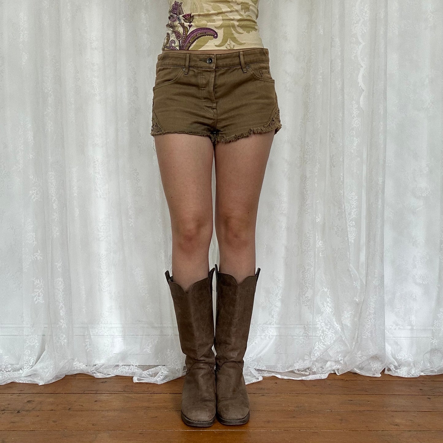 vintage 00s brown embroidered denim shorts
