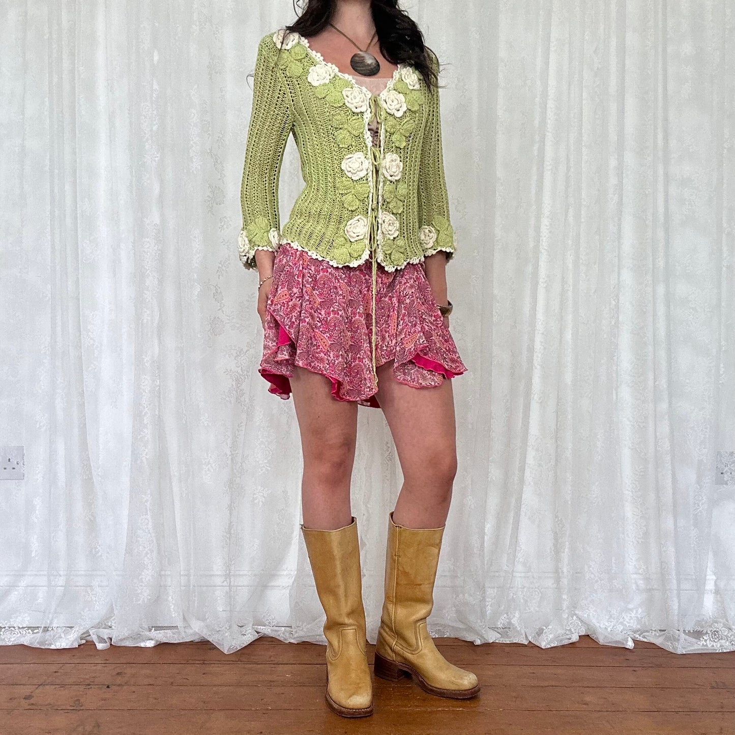 vintage 00s green floral crochet knitted cardigan