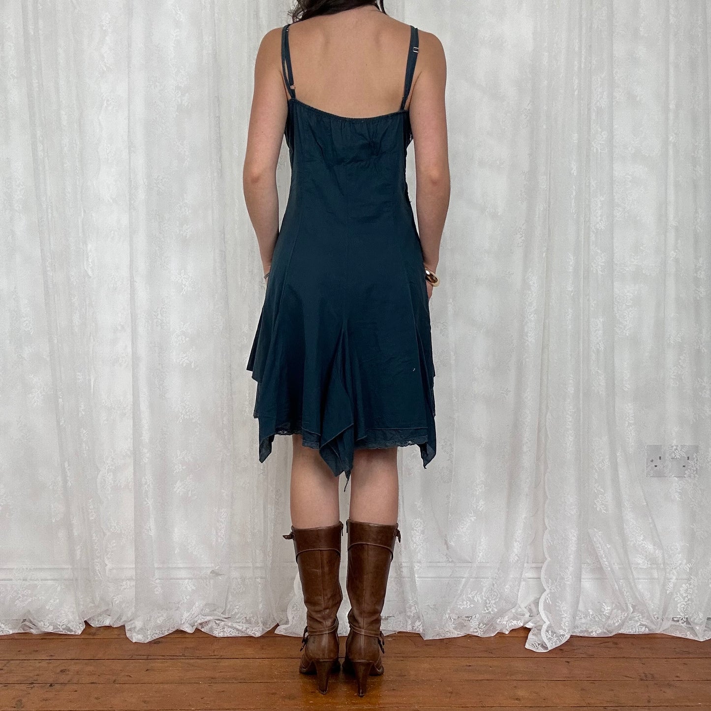 vintage 00s ink blue broderie midi dress