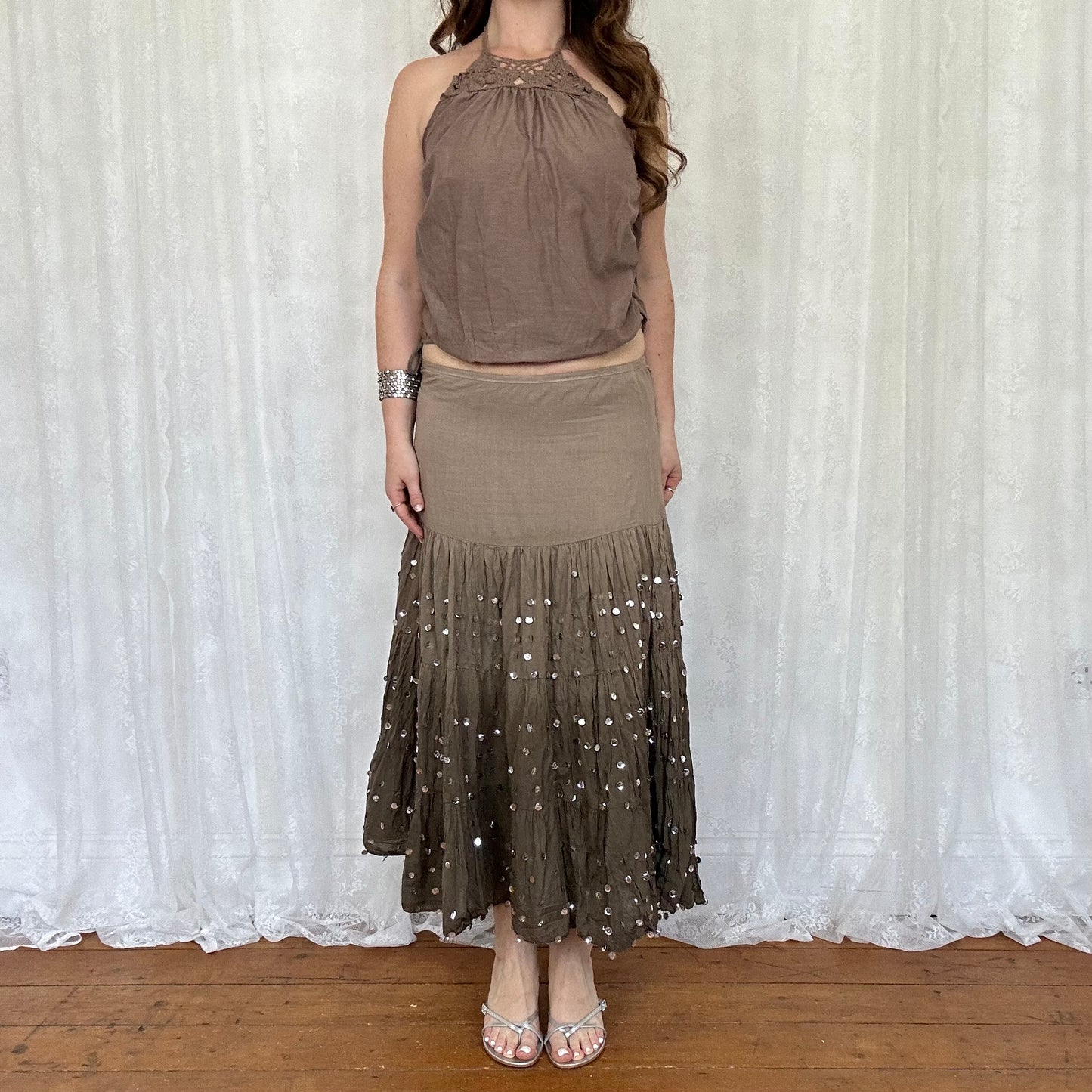 vintage 00s brown crochet detail halter top