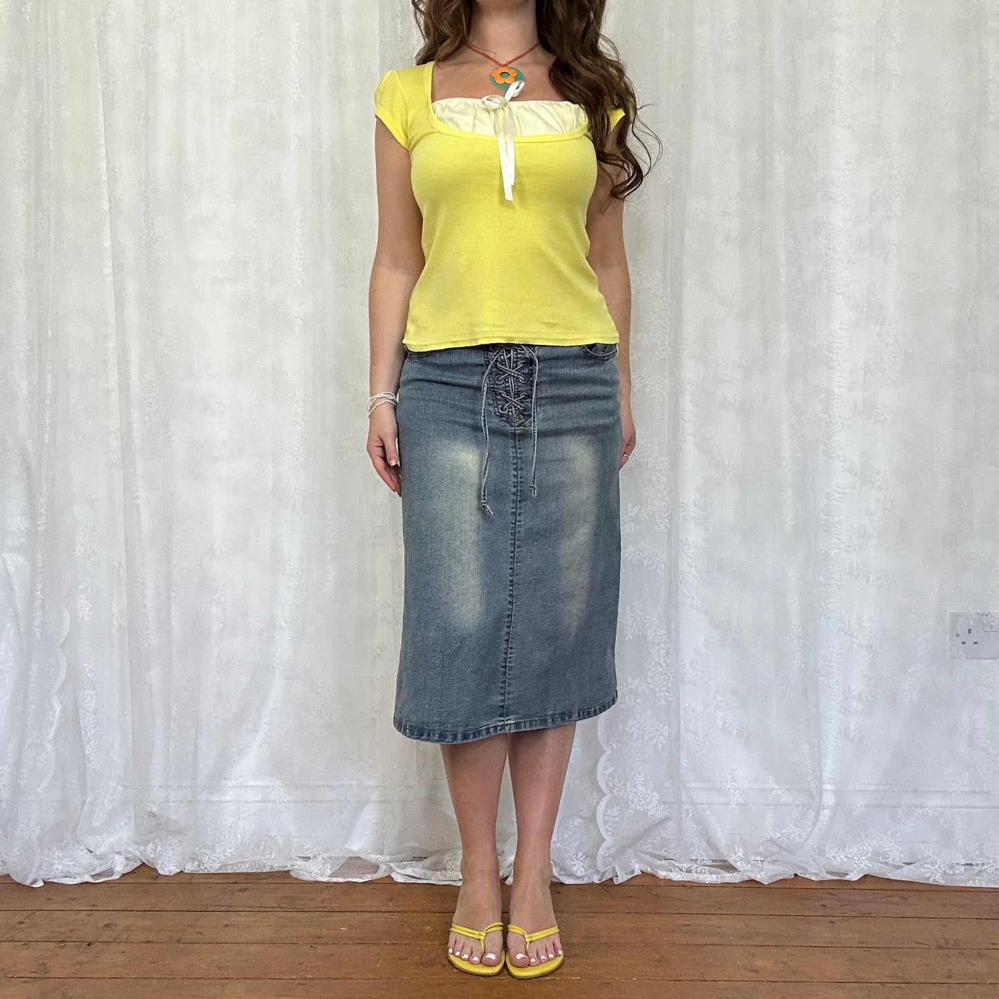 vintage 00s denim tie front midi skirt