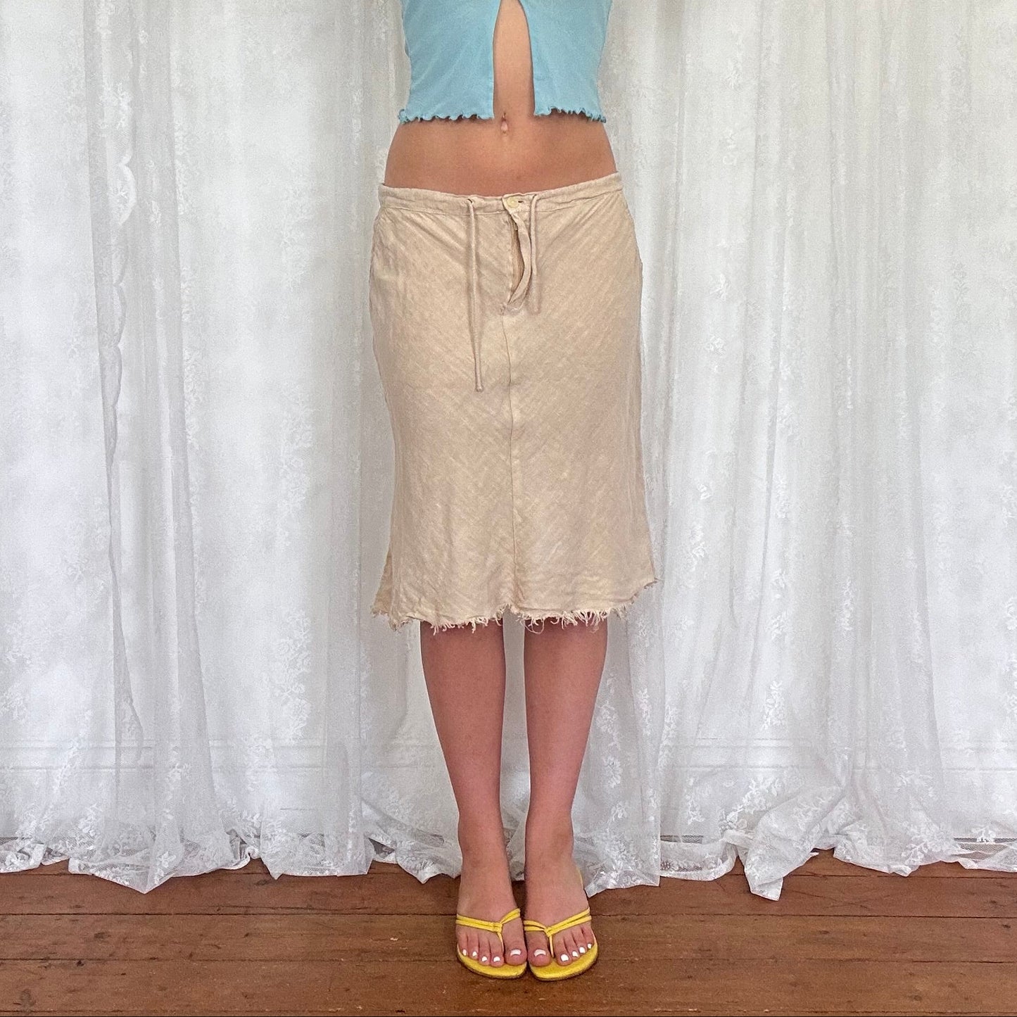 vintage 00s beige linen midi skirt