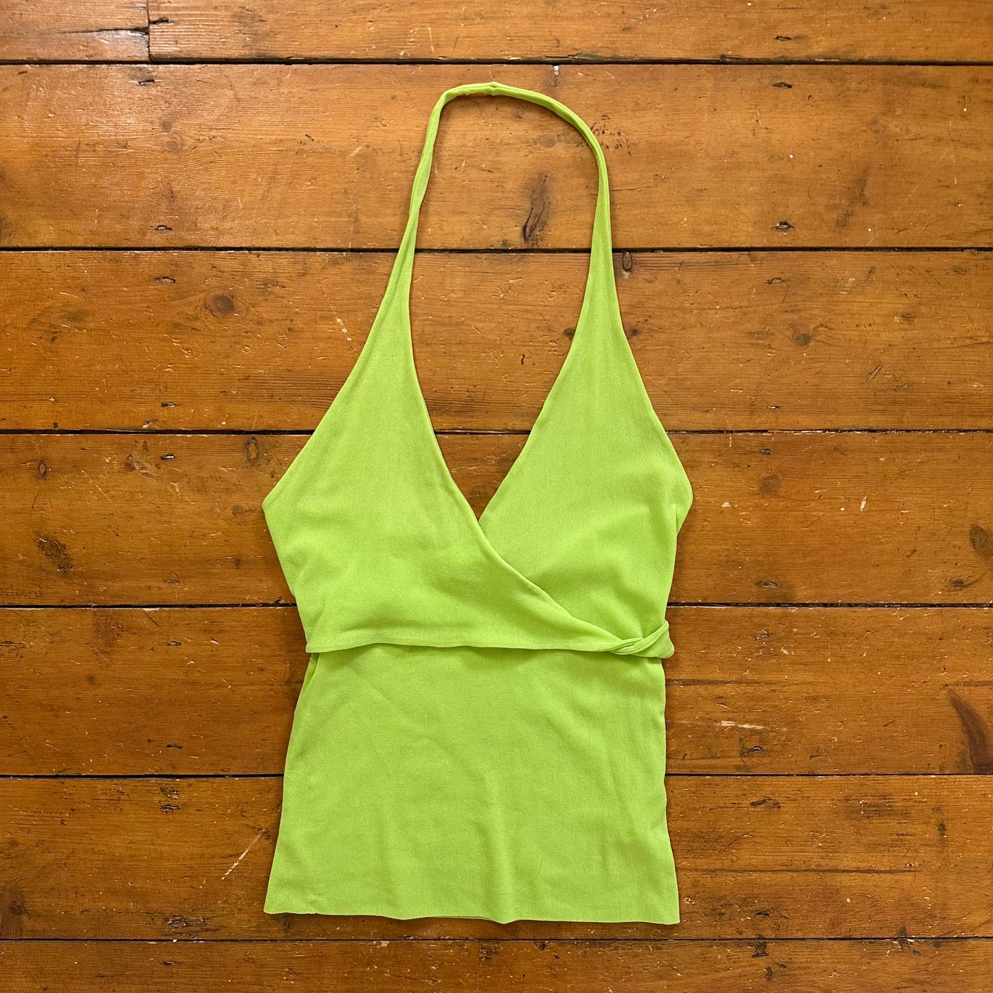 vintage 00s lime green mesh twist halter neck top