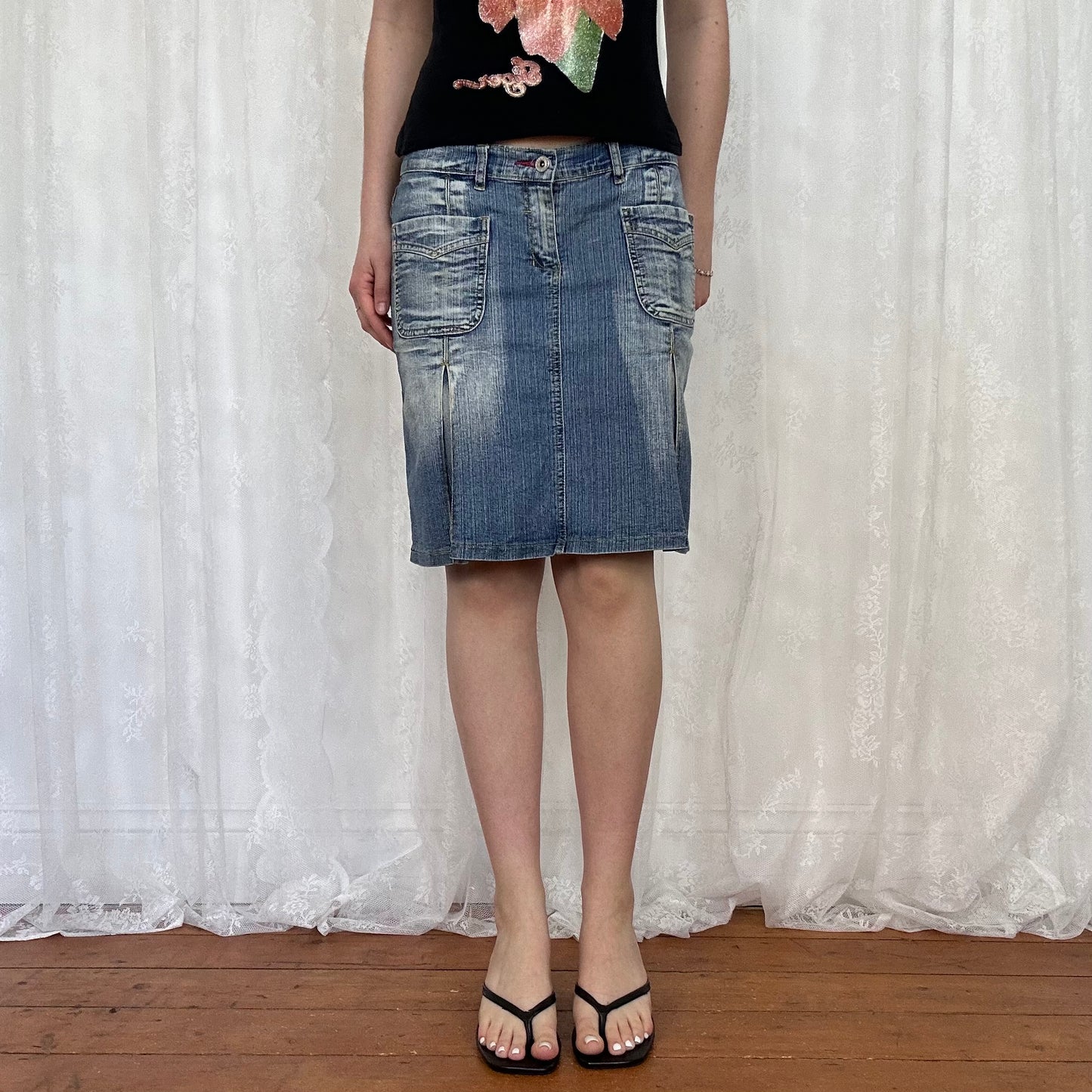 vintage 00s dual pocket washed denim midi skirt