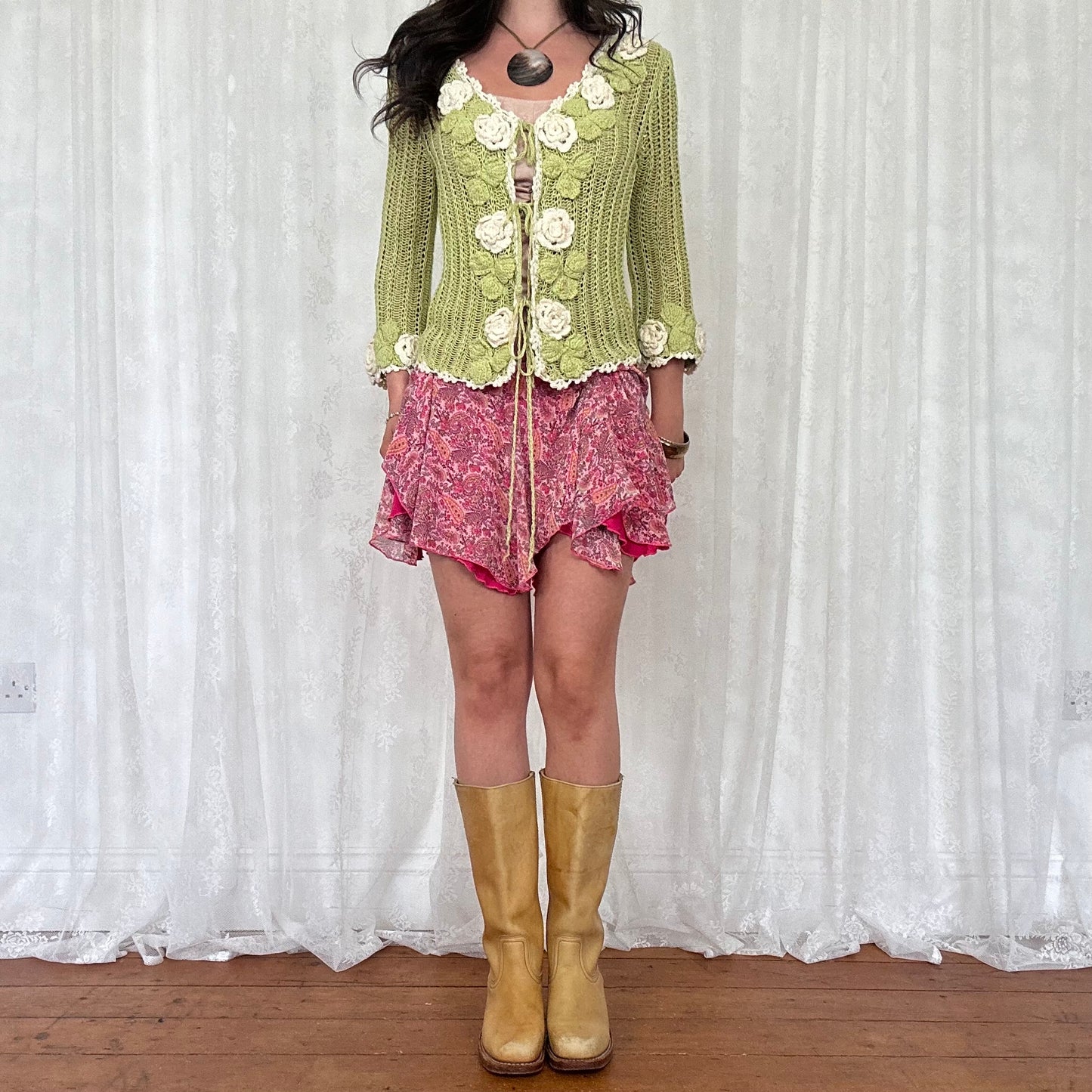 vintage 00s green floral crochet knitted cardigan