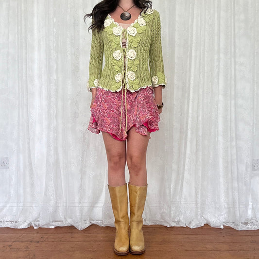 vintage 00s green floral crochet knitted cardigan