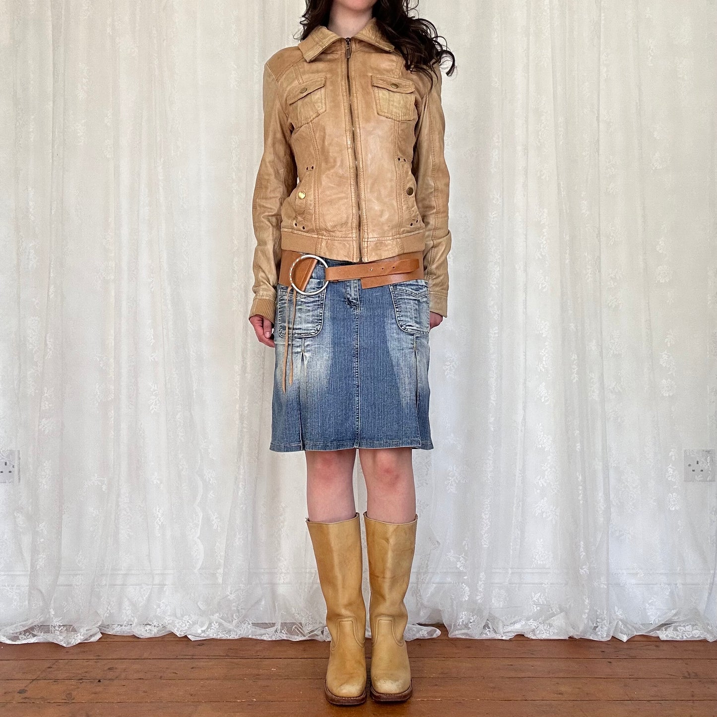 vintage 00s dual pocket washed denim midi skirt