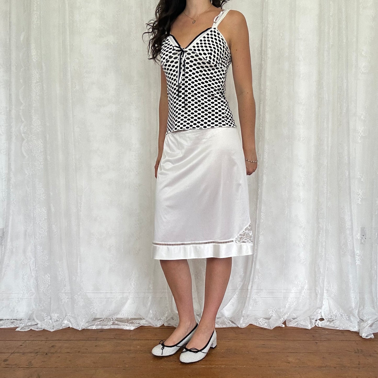 vintage 00s white satin lace detail midi skirt