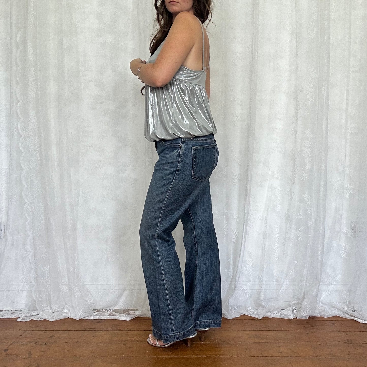 vintage 00s silver metallic bubble hem cami