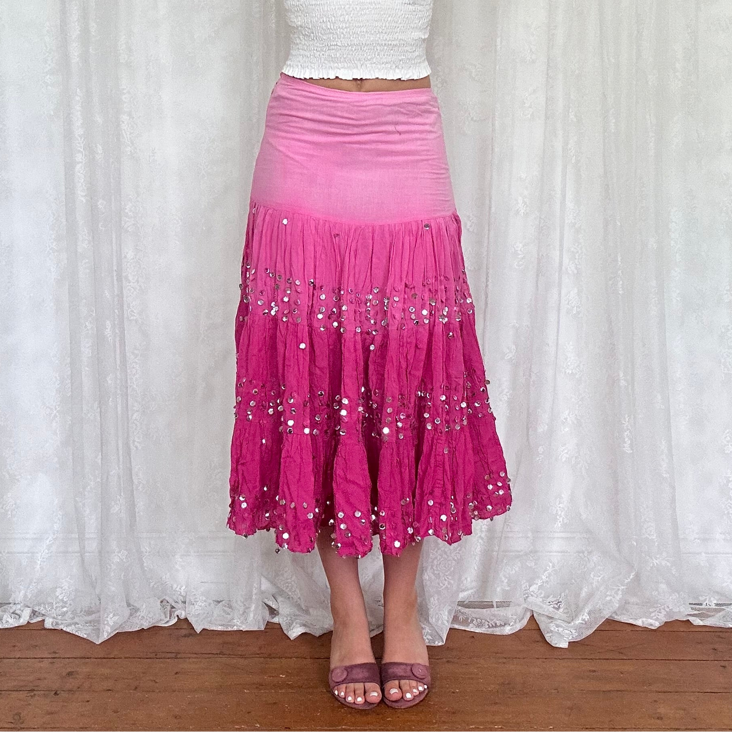 vintage 00s pink ombré sequin tiered midi skirt