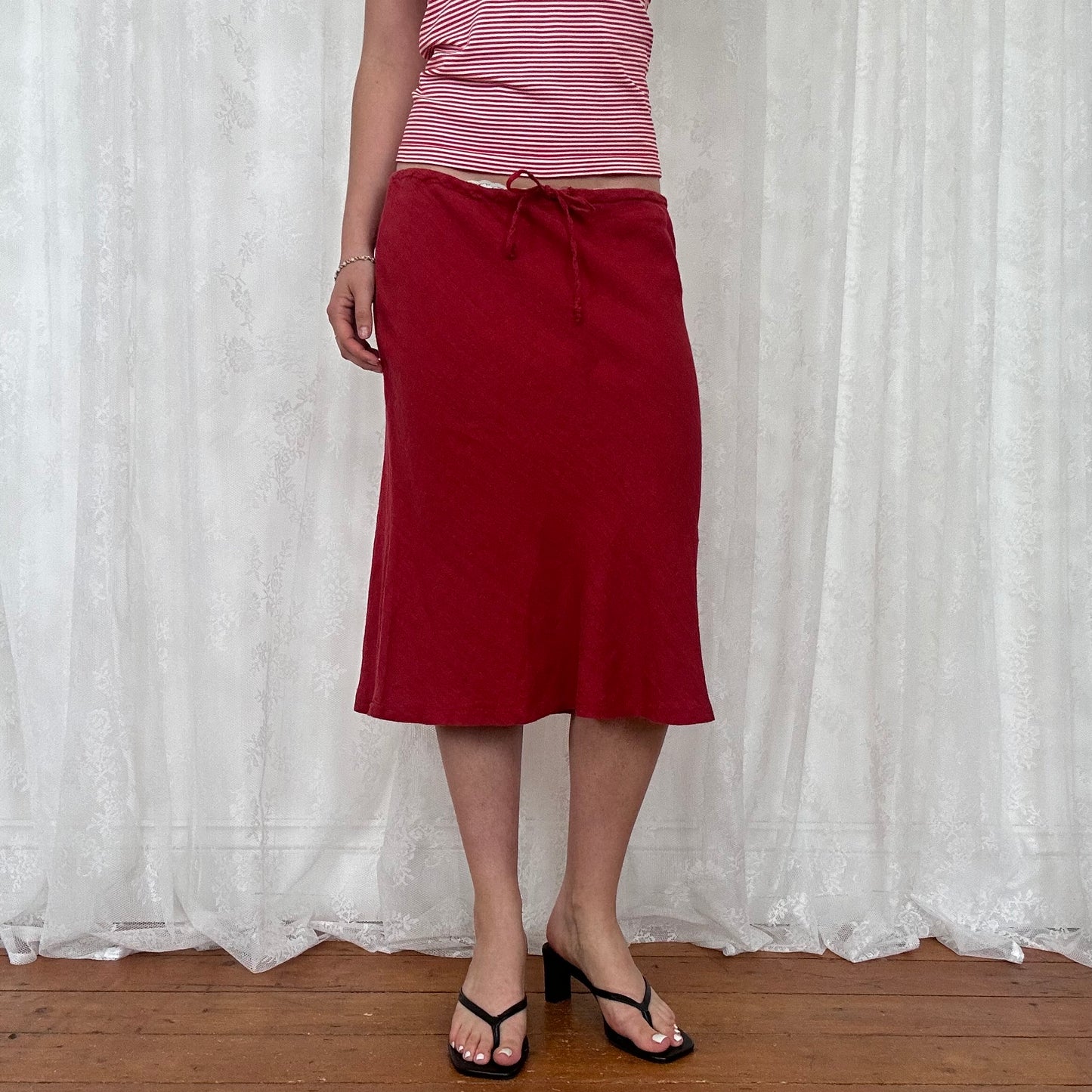 vintage 00s red linen drawstring waist midi skirt