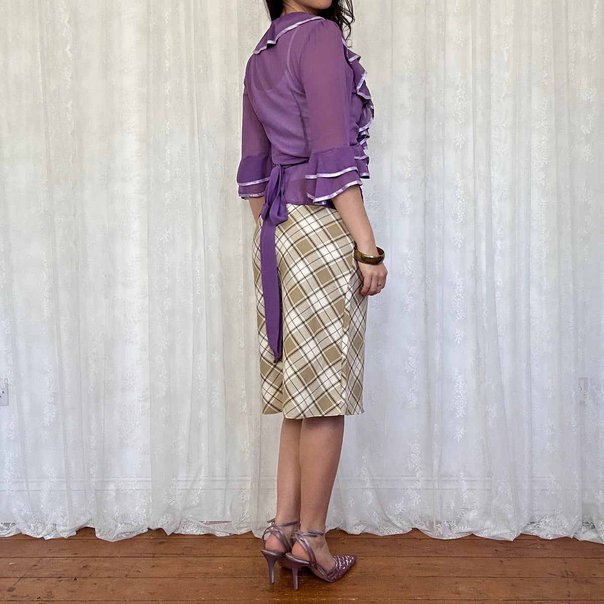 vintage 00s purple mesh ruffle wrap shirt
