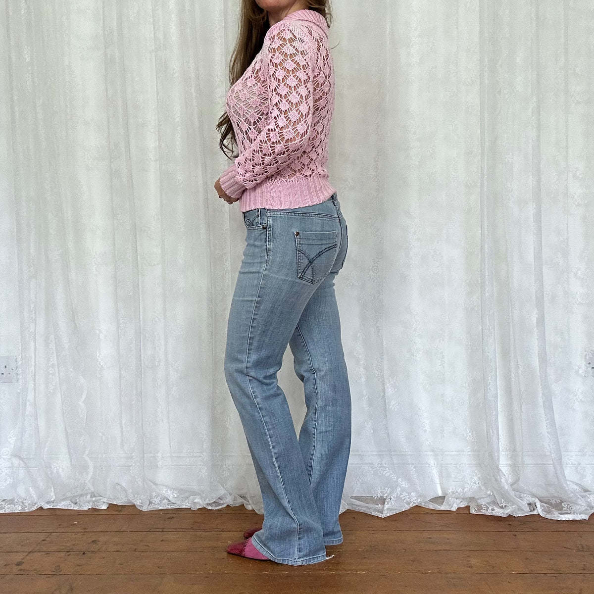 vintage 00s baby pink crochet long sleeve jumper