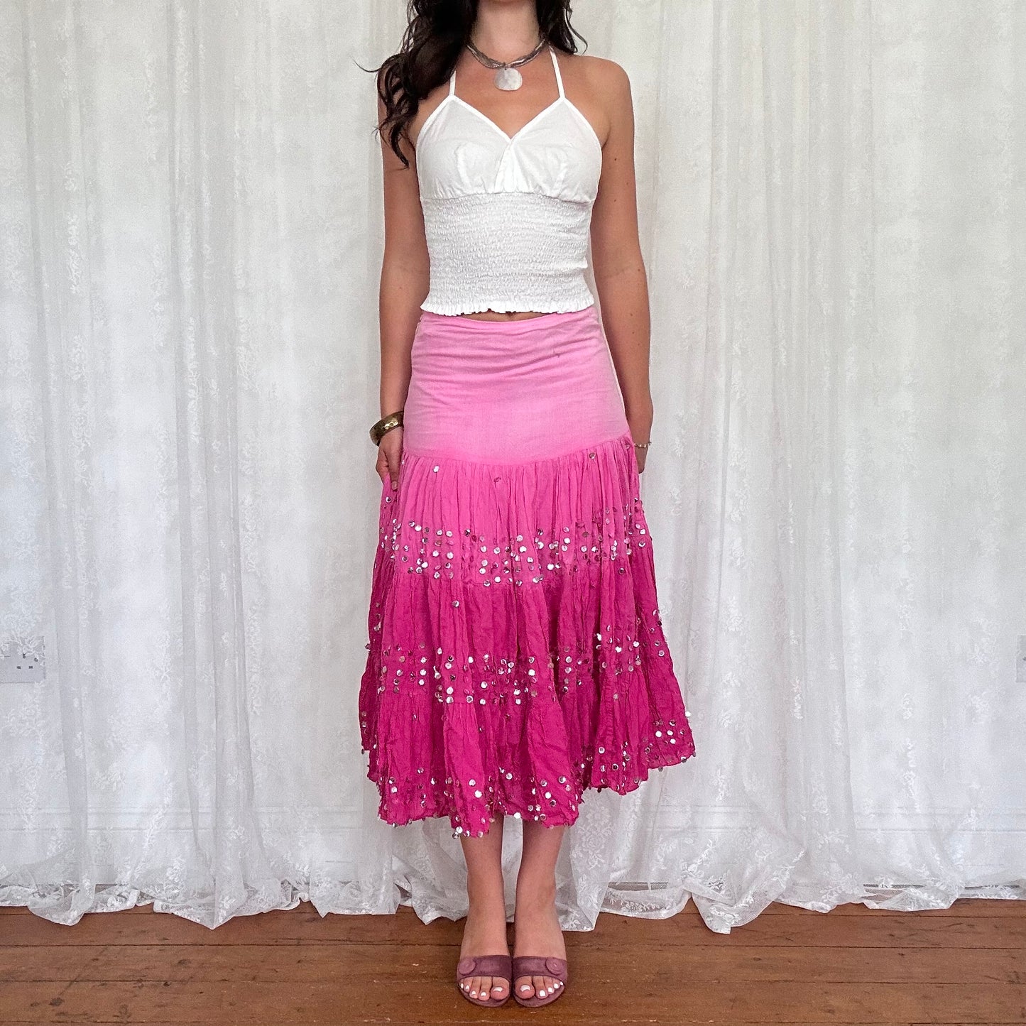 vintage 00s white shirred halter neck cami