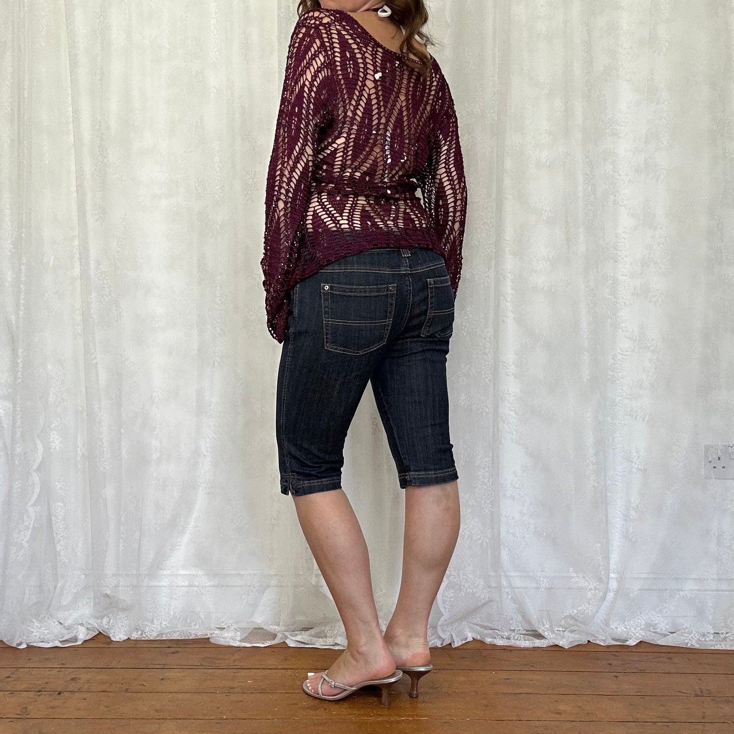 vintage 00s burgundy beaded crochet long sleeve top