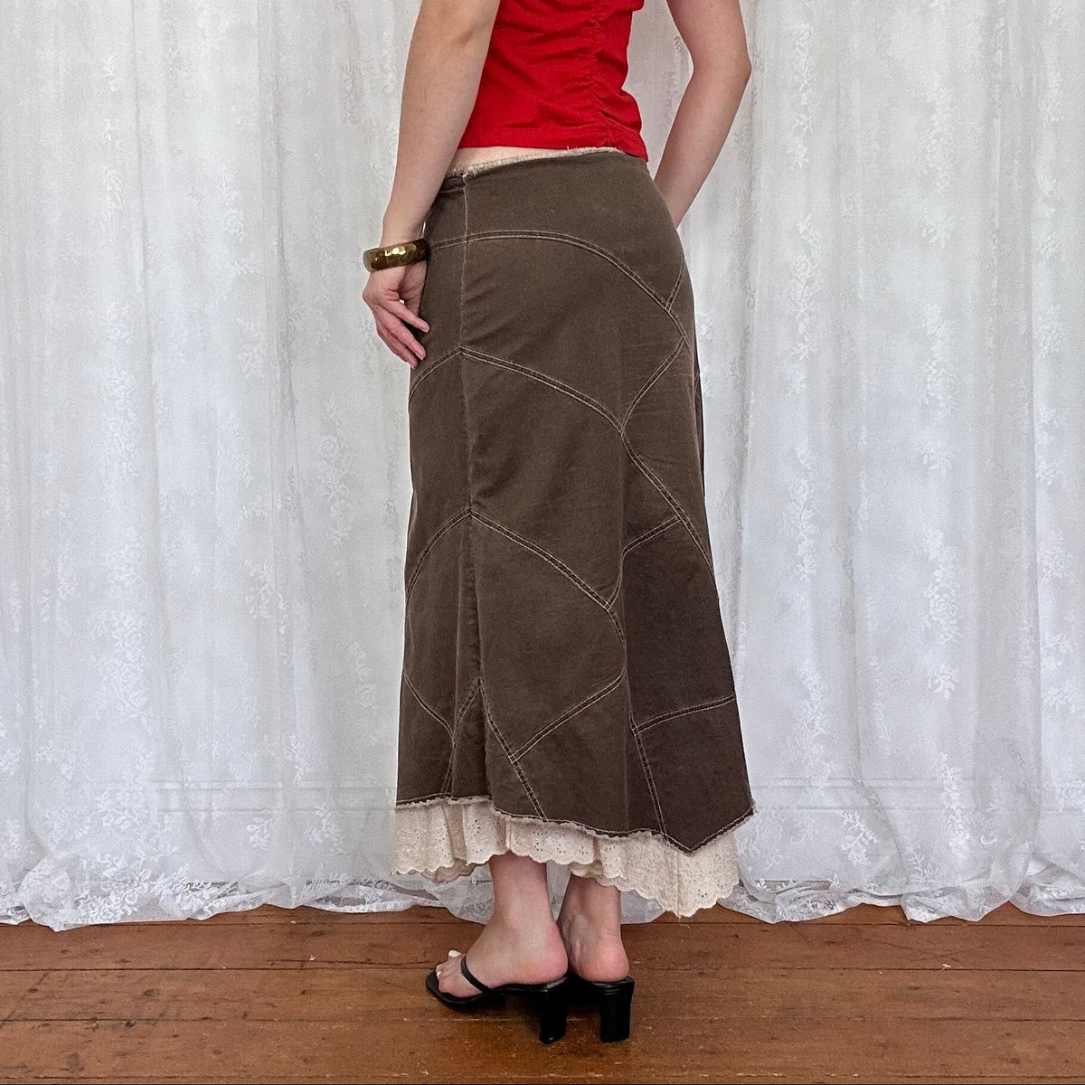 vintage 00s brown patchwork maxi skirt