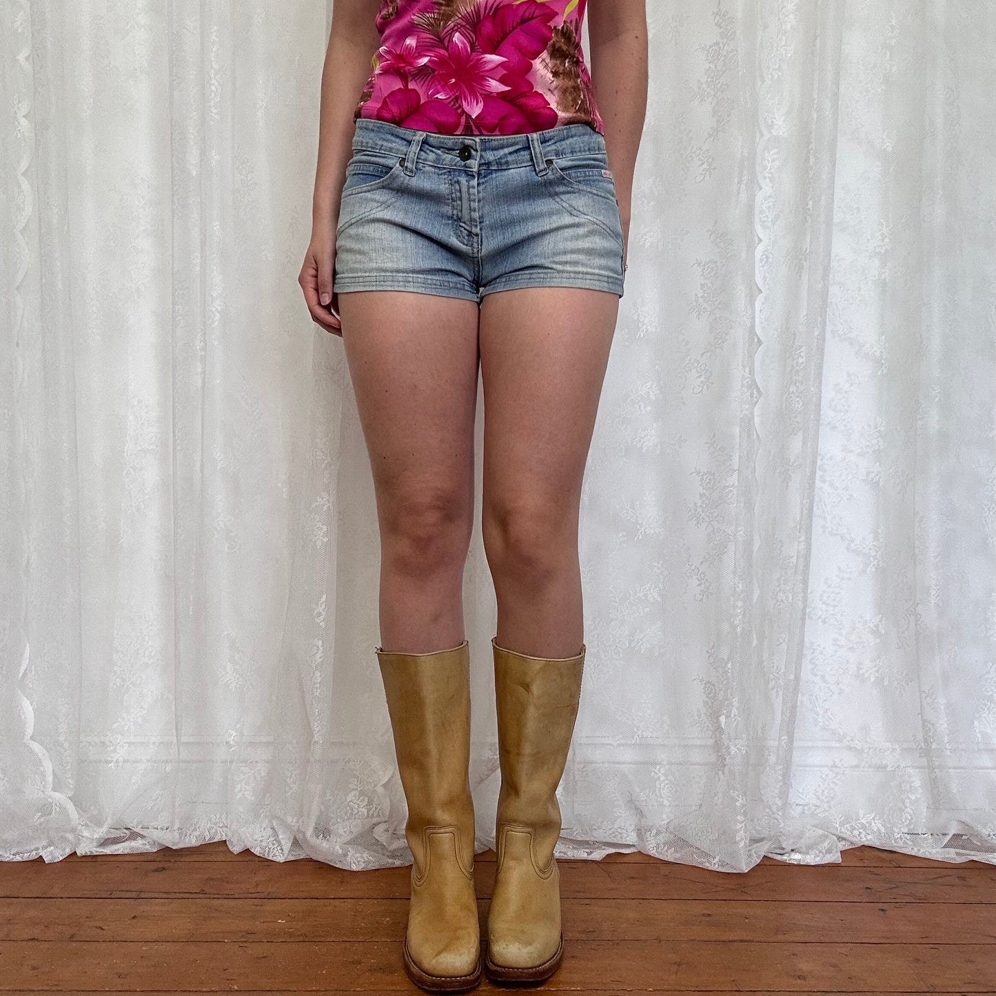 vintage 00s denim micro mini shorts with pink back pocket embroidery