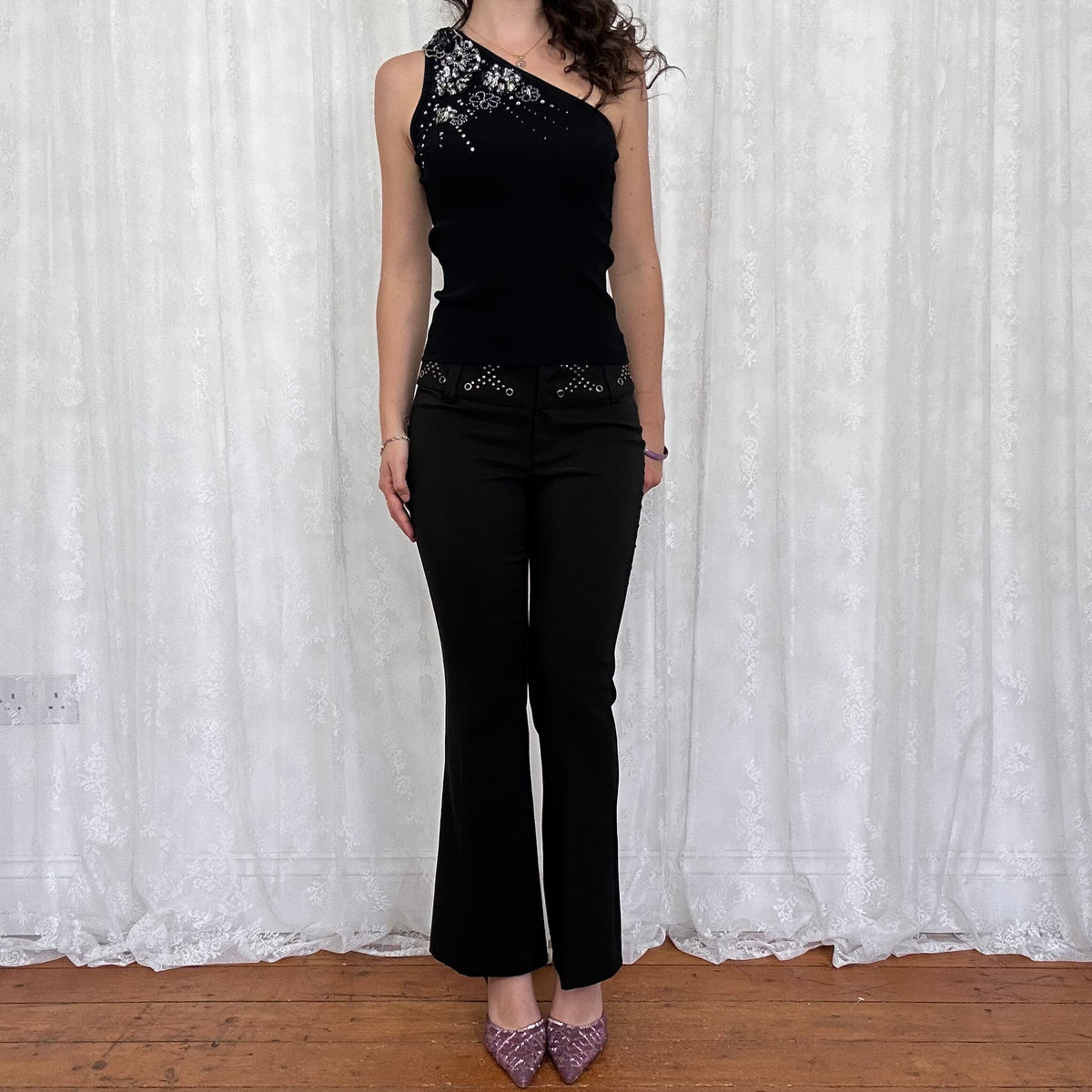 vintage 00s black beaded sequin detail one shoulder top