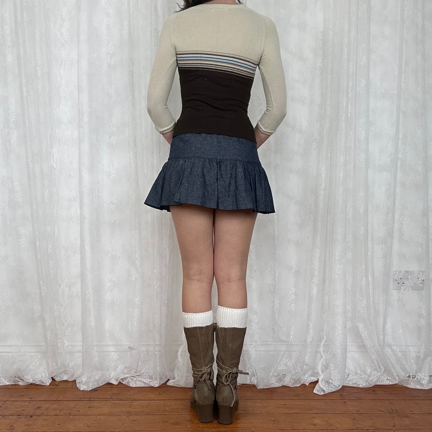 vintage 00s brown and blue crop sleeve knitted top