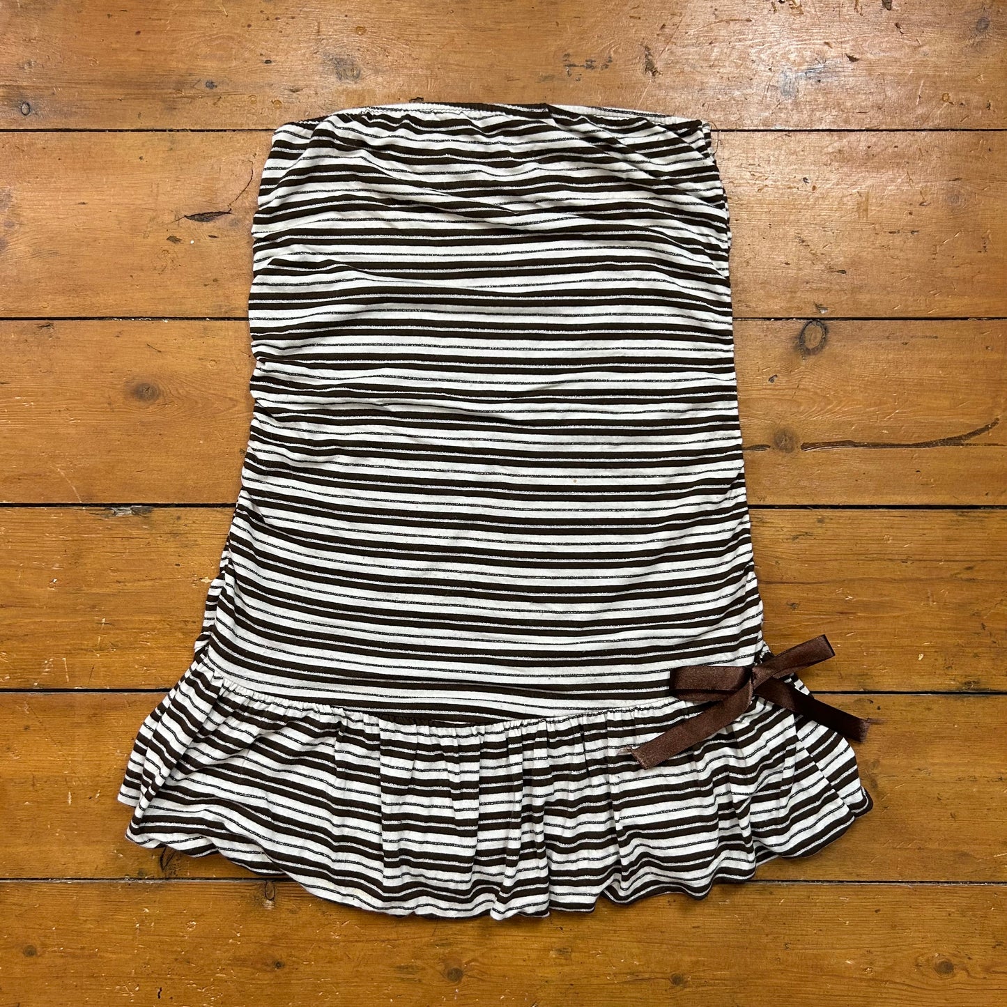 vintage 00s brown striped strapless mini dress