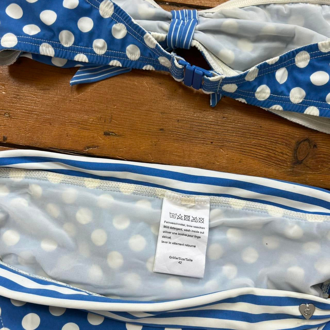 vintage 00s blue polka dot strapless bikini set