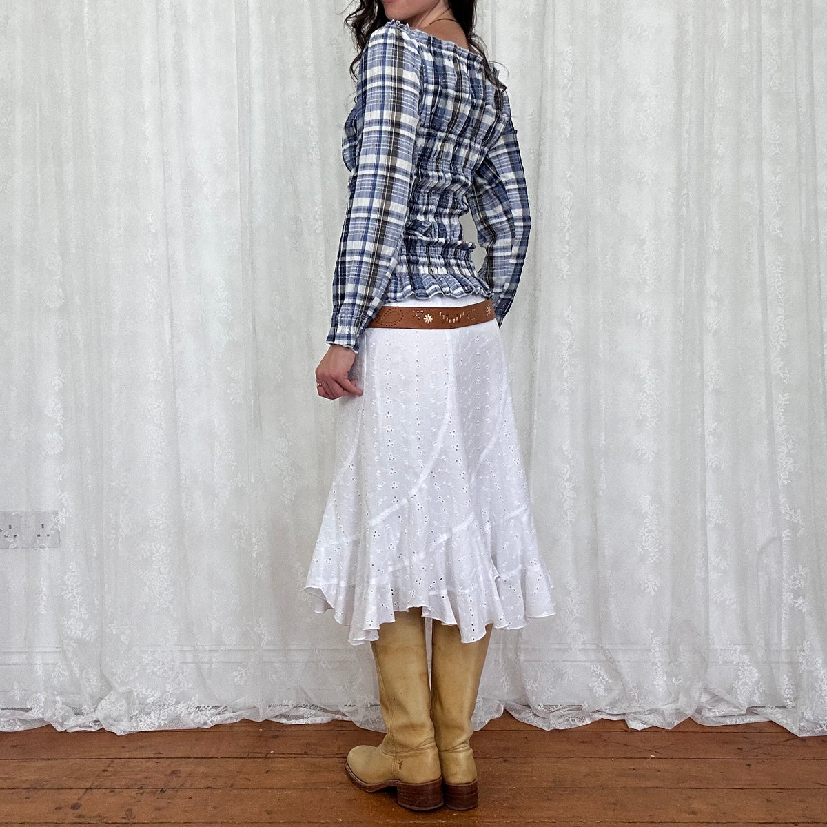 vintage 00s navy gingham milkmaid long sleeve top
