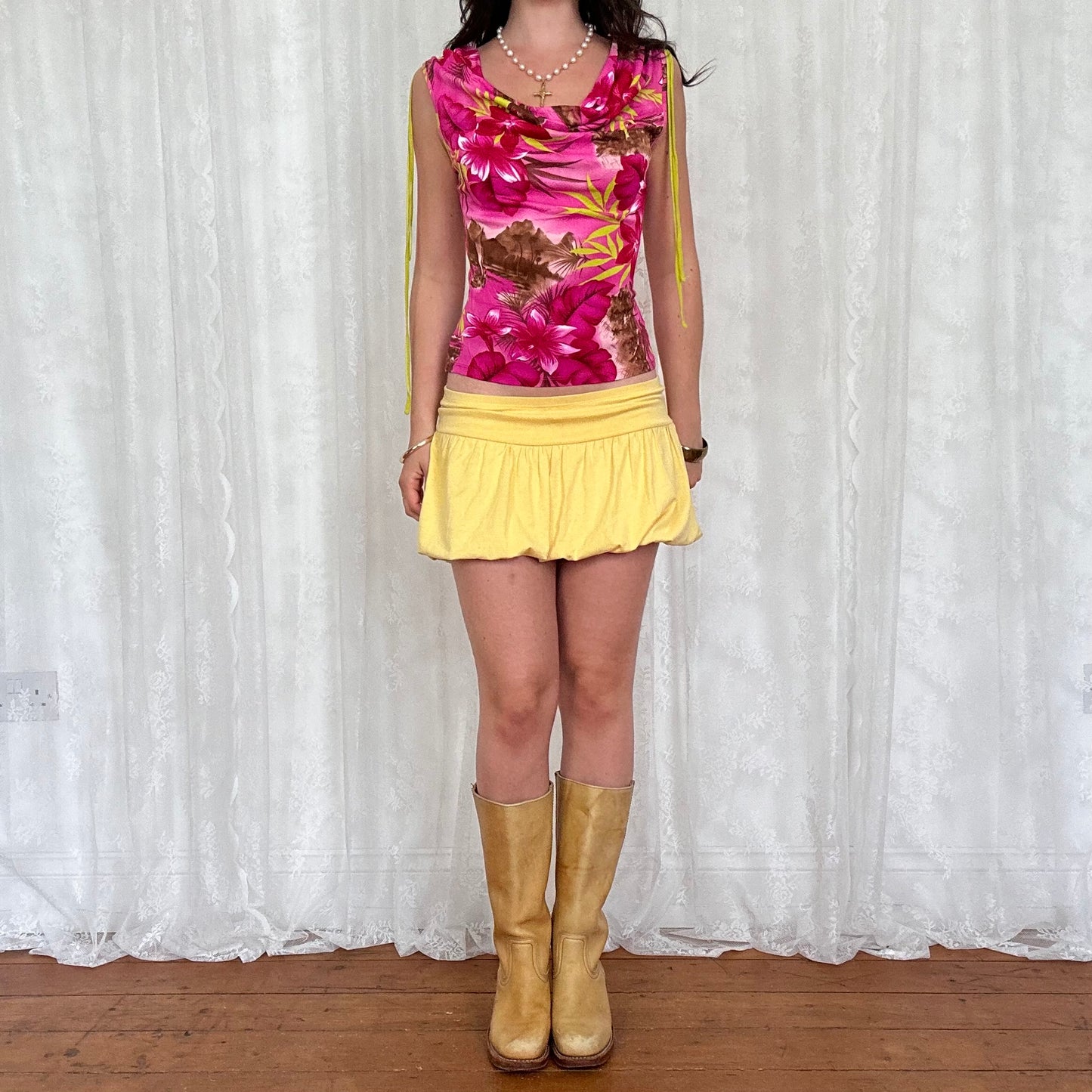 vintage 00s hot pink hibiscus cowl neck top