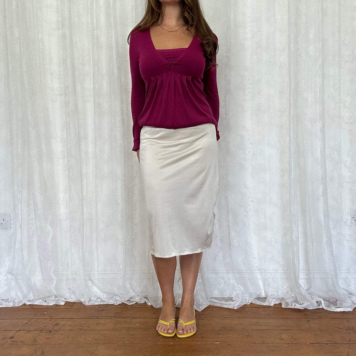 vintage 00s cream satin slip midi skirt