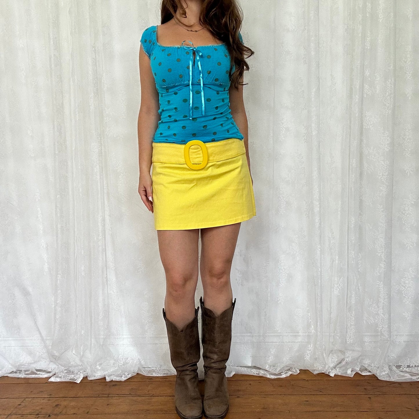 vintage 00s blue polka dot milkmaid top