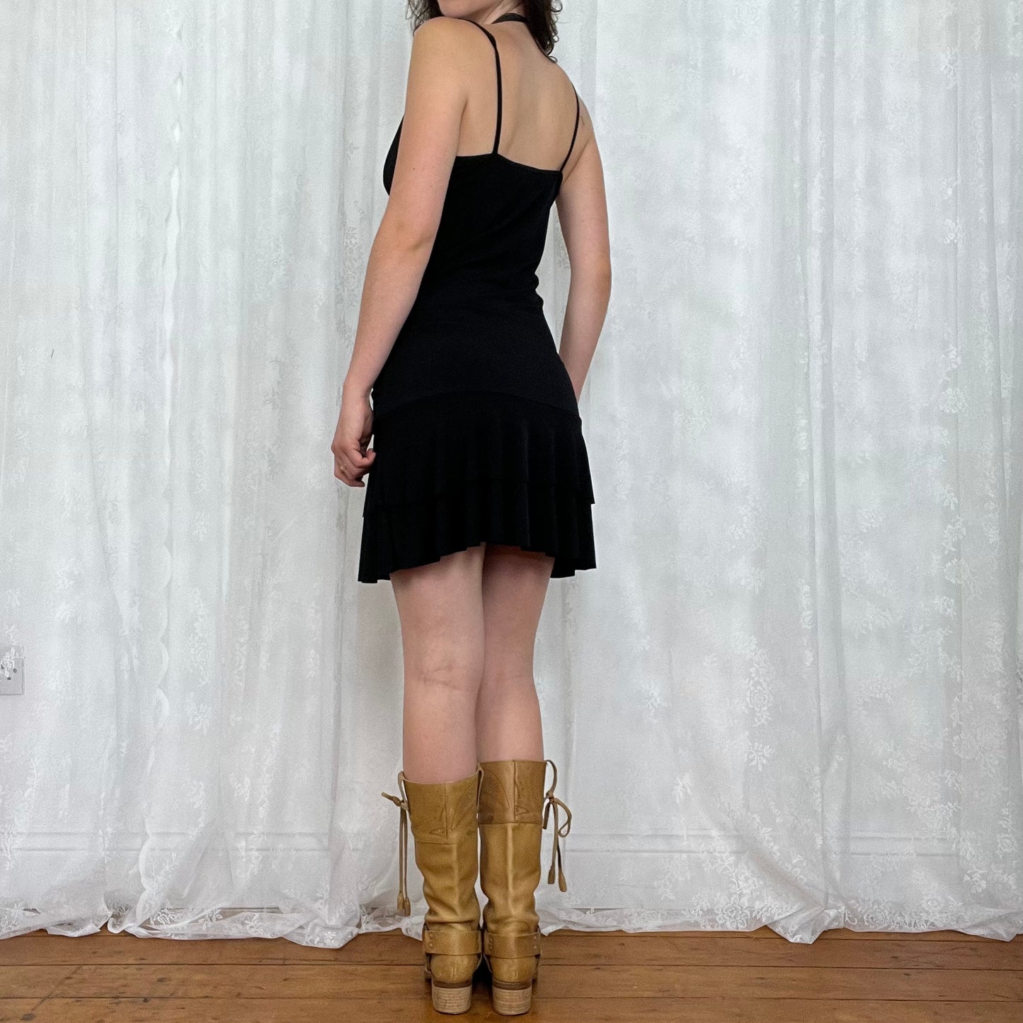 vintage 00s black o ring ruffle mini dress