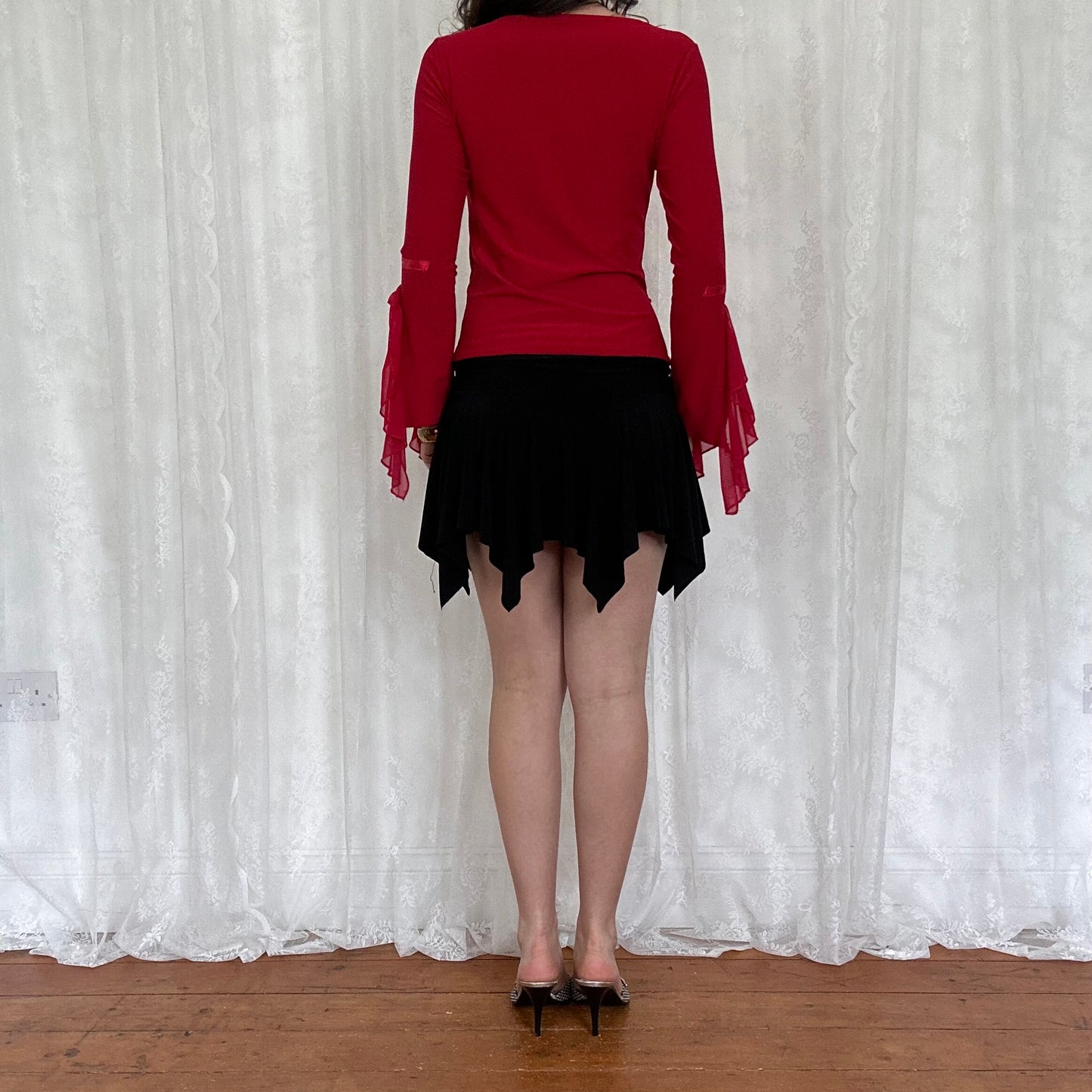 vintage 00s red asymmetrical flared sleeve top