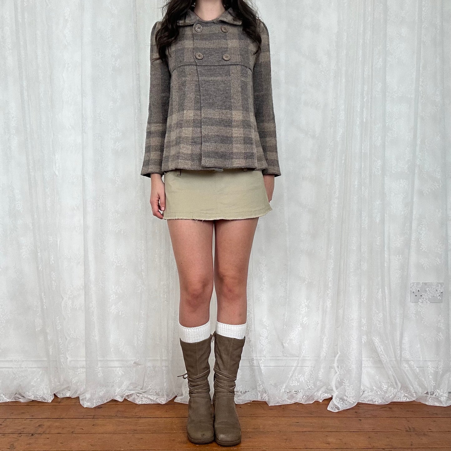 vintage 00s grey and beige knitted peacoat